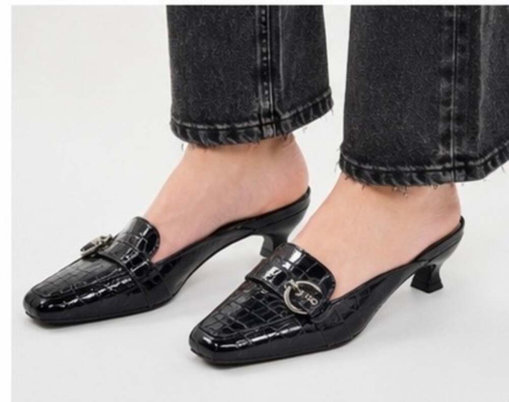Black Croc Embossed Buckle Mule Heels | Y2K Chic Patent Slip-On Loafers